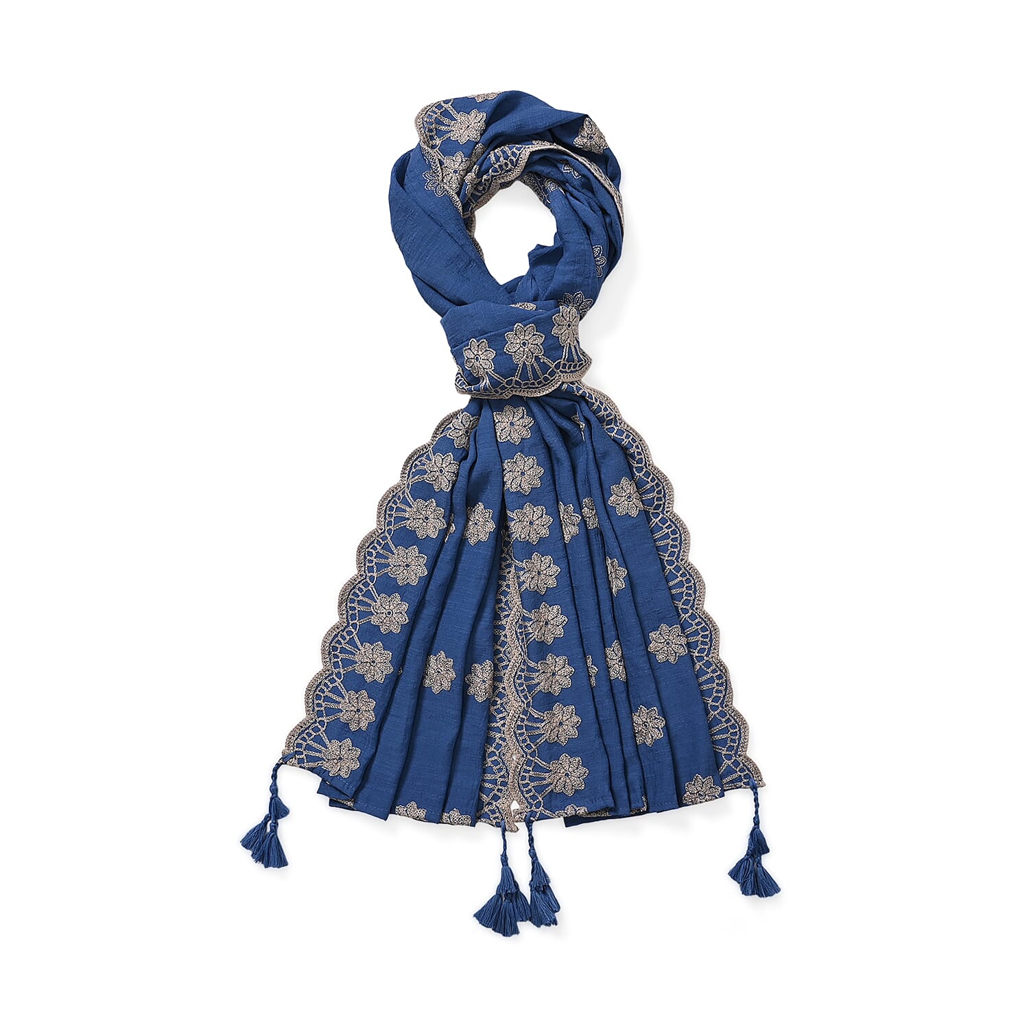 La Marey Cotton Blend Floral Pattern Embroidered Sarong Scarf with Tassels (Size 180x67cm) - Blue