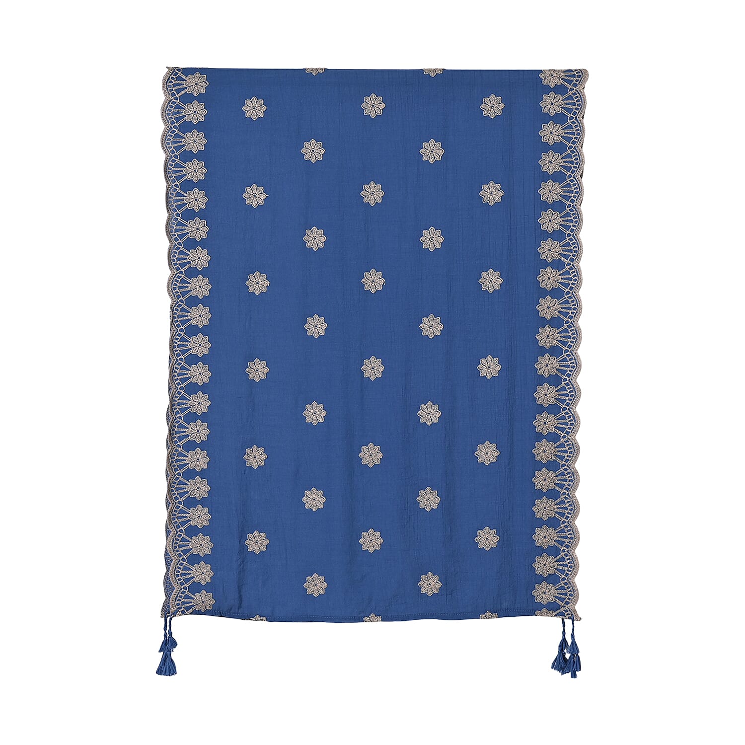 La Marey Cotton Blend Floral Pattern Embroidered Sarong Scarf with Tassels (Size 180x67cm) - Blue