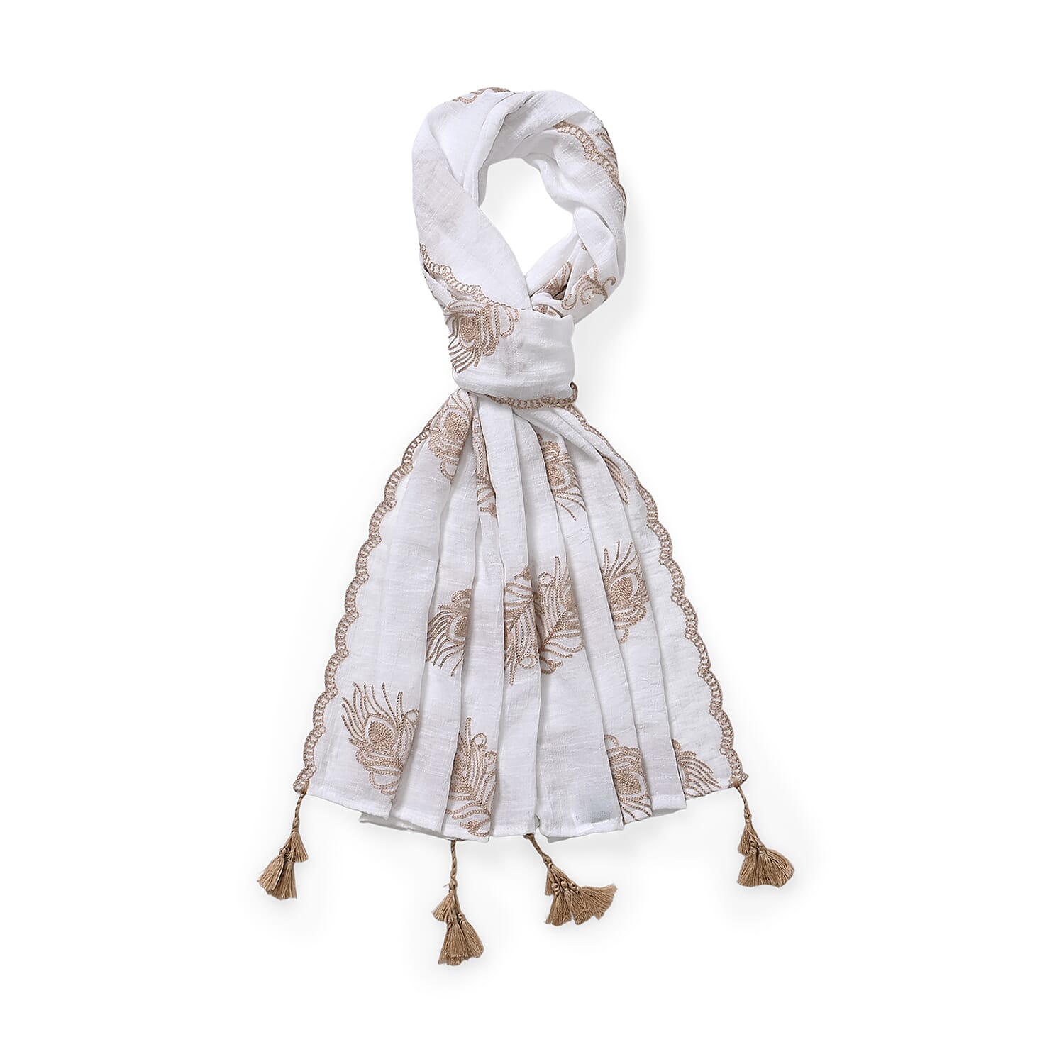 La Marey Cotton Blend Feather Pattern Embroidered Sarong Scarf with Tassels (Size 180x67cm) - White