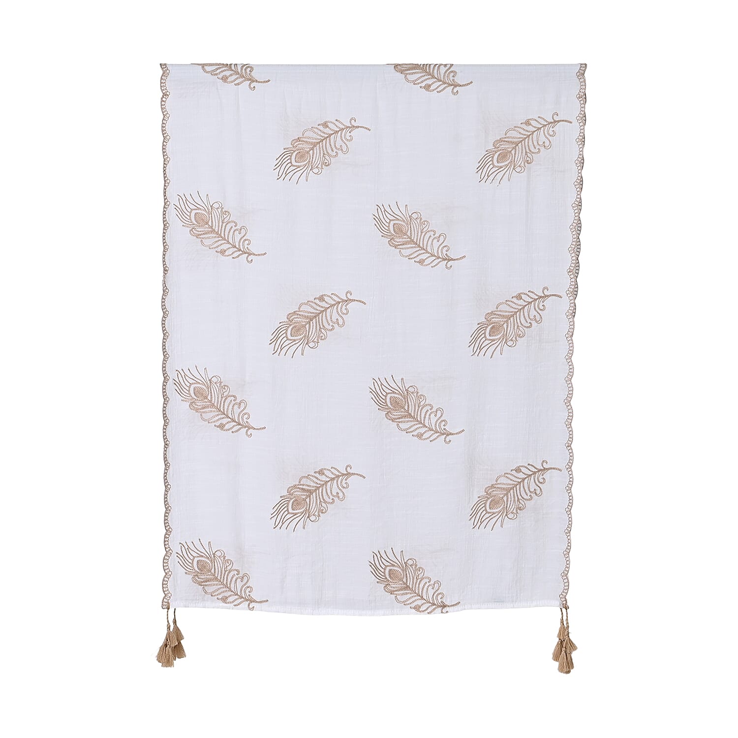 La Marey Cotton Blend Feather Pattern Embroidered Sarong Scarf with Tassels (Size 180x67cm) - White