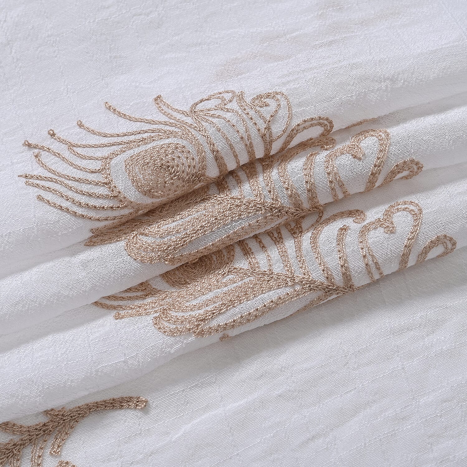 La Marey Cotton Blend Feather Pattern Embroidered Sarong Scarf with Tassels (Size 180x67cm) - White