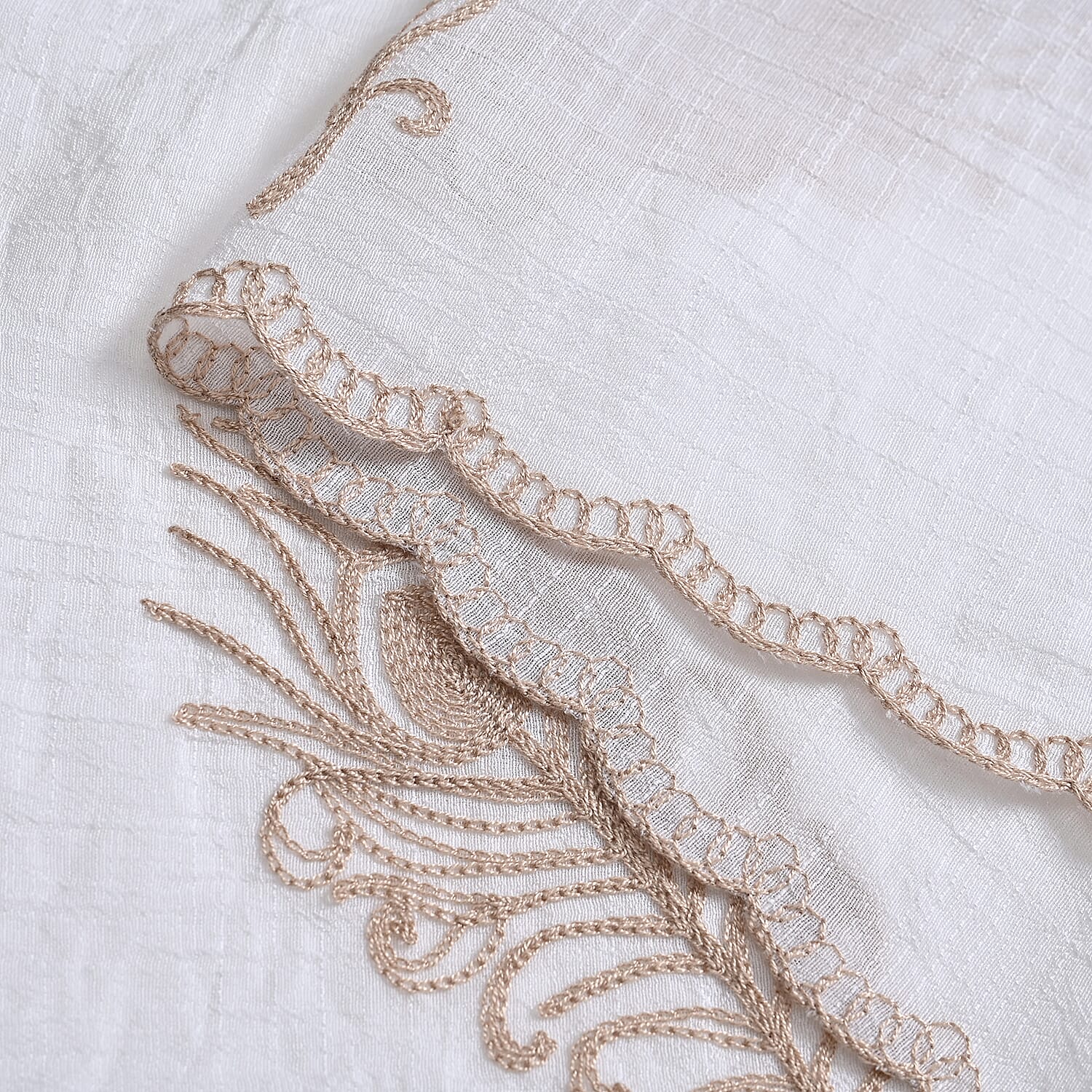 La Marey Cotton Blend Feather Pattern Embroidered Sarong Scarf with Tassels (Size 180x67cm) - White