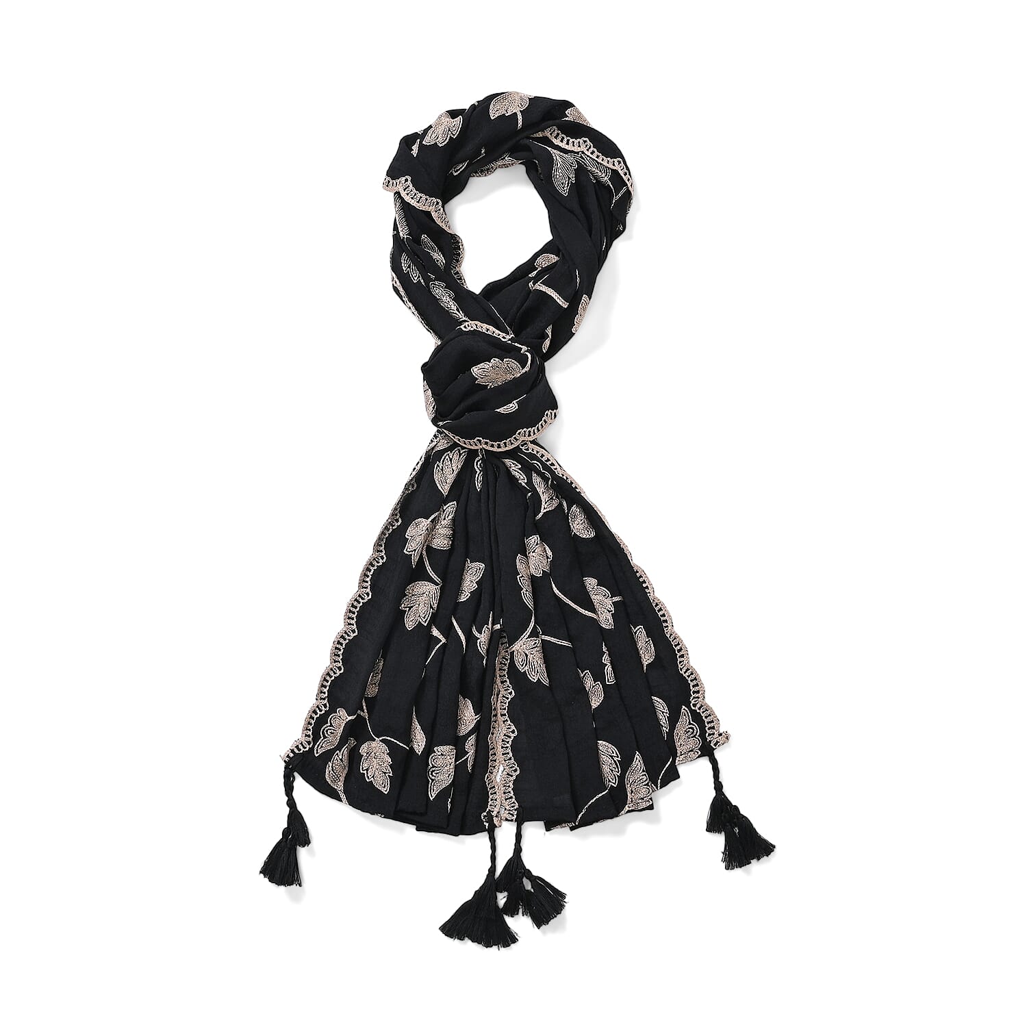 La Marey Cotton Blend Vine & Leaf Pattern Embroidered Sarong Scarf with Tassels (Size 180x67cm) - Black