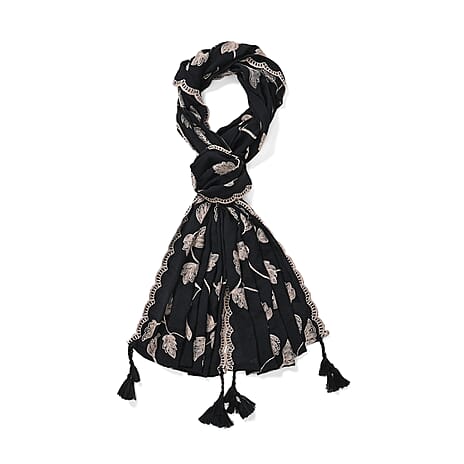 La Marey Cotton Blend Vine & Leaf Pattern Embroidered Sarong Scarf with Tassels (Size 180x67cm) - Black