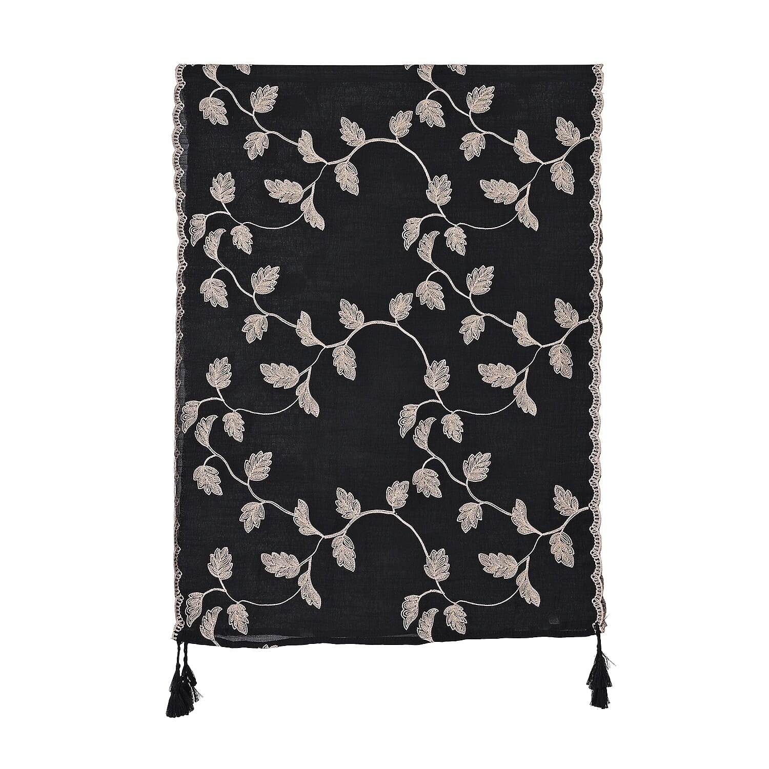 La Marey Cotton Blend Vine & Leaf Pattern Embroidered Sarong Scarf with Tassels (Size 180x67cm) - Black