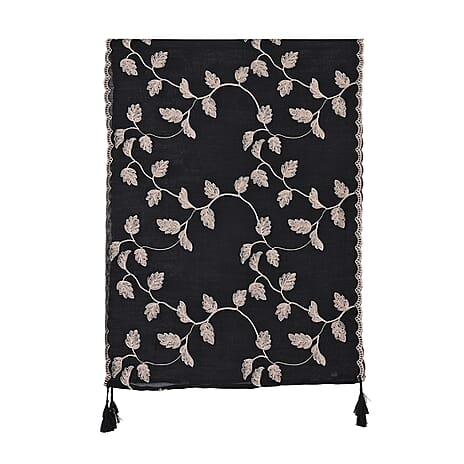 La Marey Cotton Blend Vine & Leaf Pattern Embroidered Sarong Scarf with Tassels (Size 180x67cm) - Black