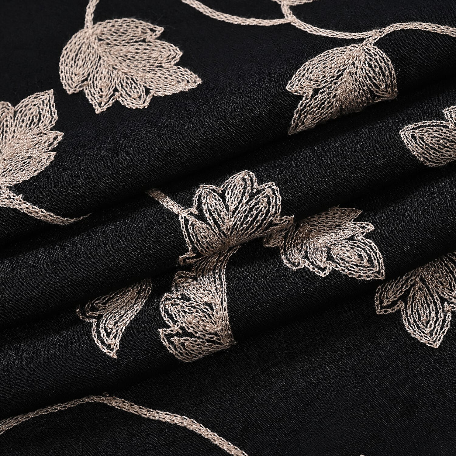 La Marey Cotton Blend Vine & Leaf Pattern Embroidered Sarong Scarf with Tassels (Size 180x67cm) - Black