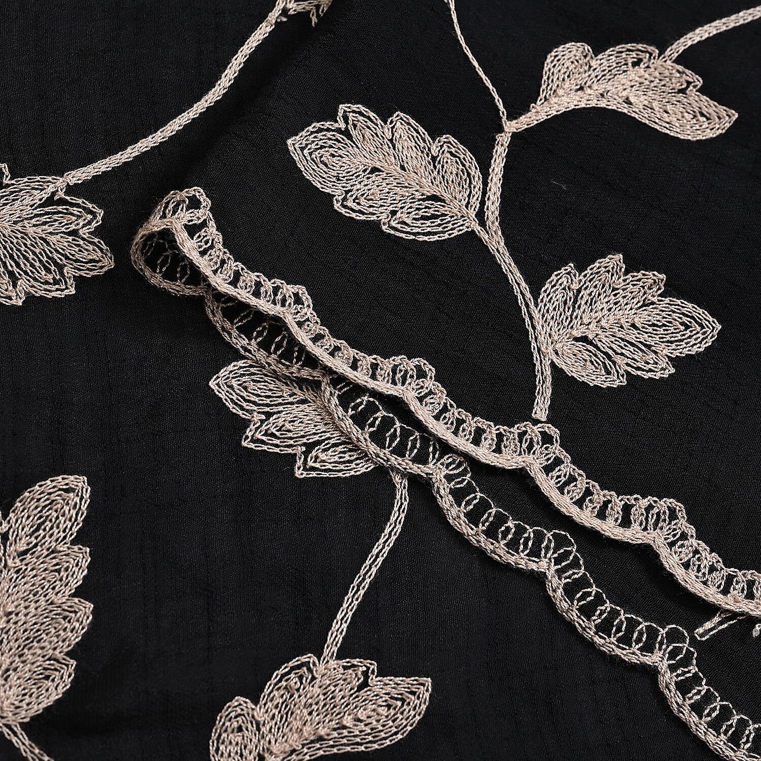 La Marey Cotton Blend Vine & Leaf Pattern Embroidered Sarong Scarf with Tassels (Size 180x67cm) - Black