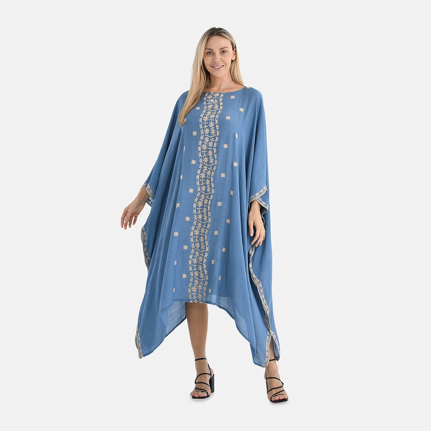 La Marey Elegant Bohemian Style Embroidery Kaftan Dress (One Size) - Blue