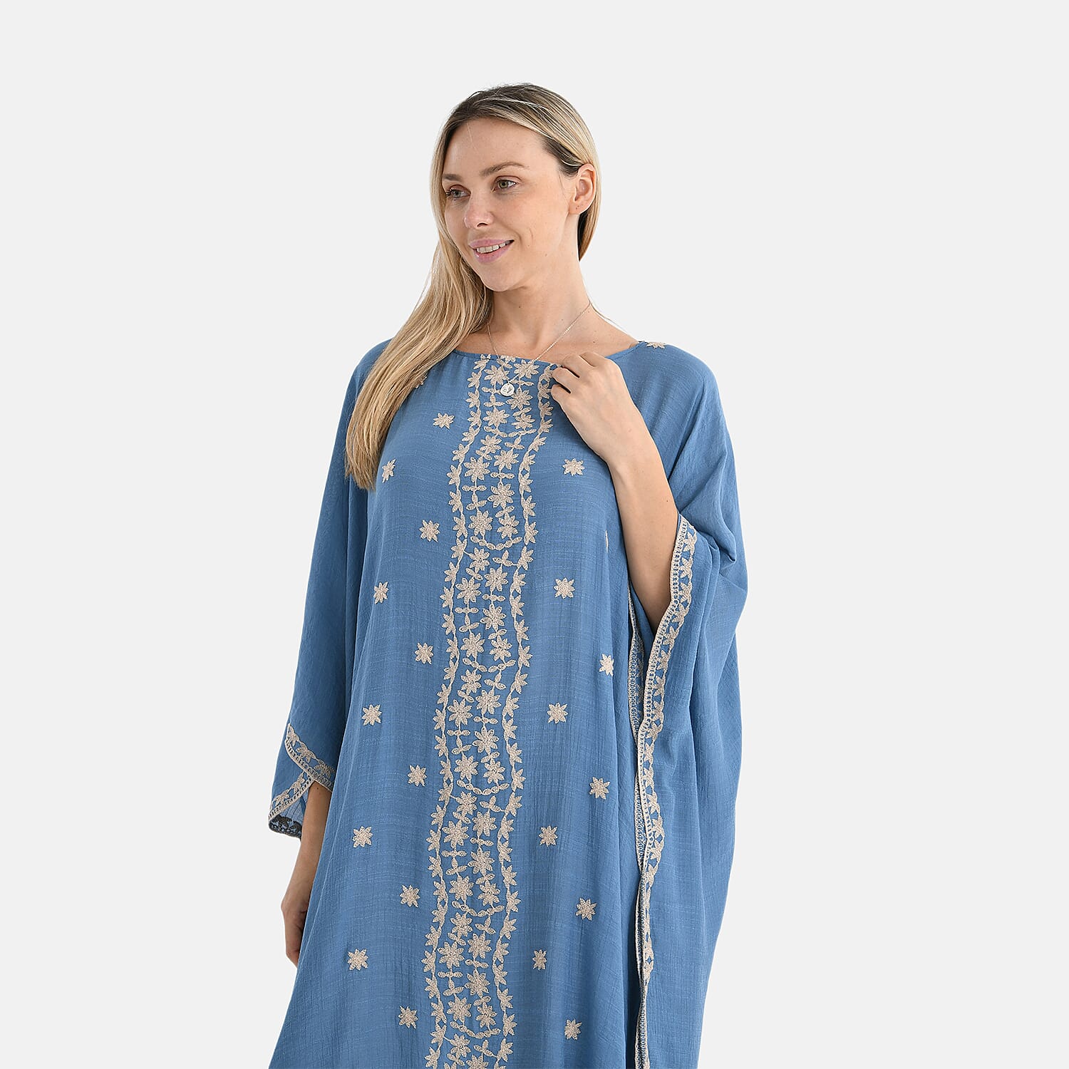 La Marey Elegant Bohemian Style Embroidery Kaftan Dress (One Size) - Blue