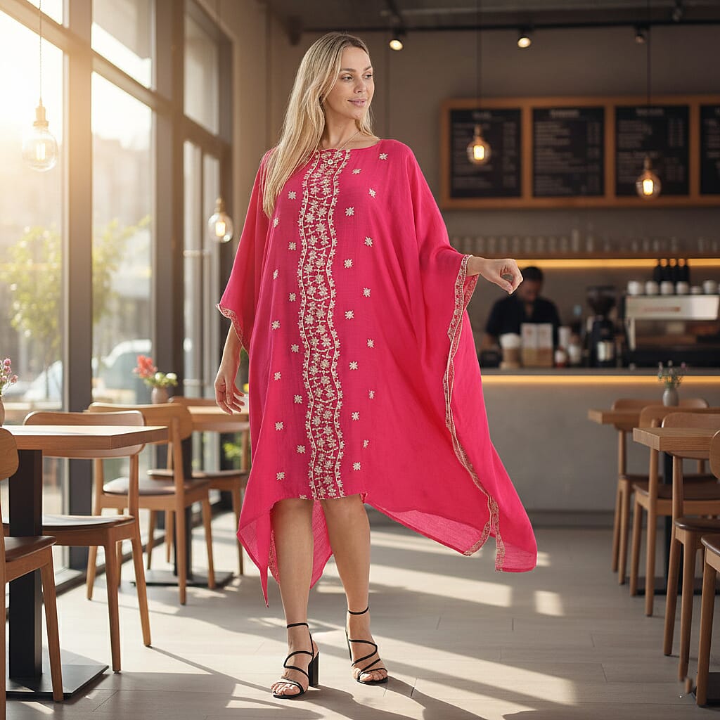 La Marey Elegant Bohemian Style Embroidery Kaftan Dress (One Size) - Pink