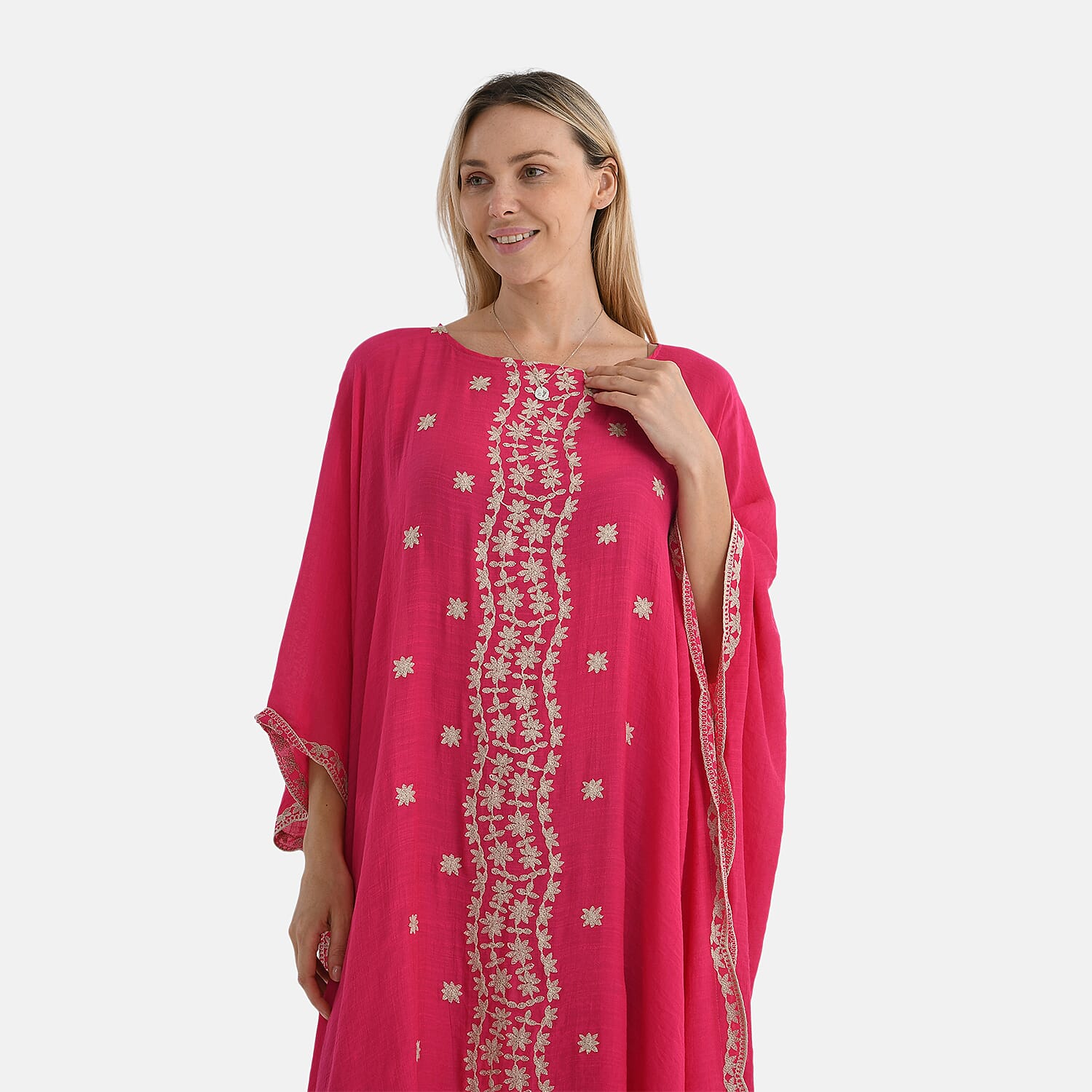 La Marey Elegant Bohemian Style Embroidery Kaftan Dress (One Size) - Pink