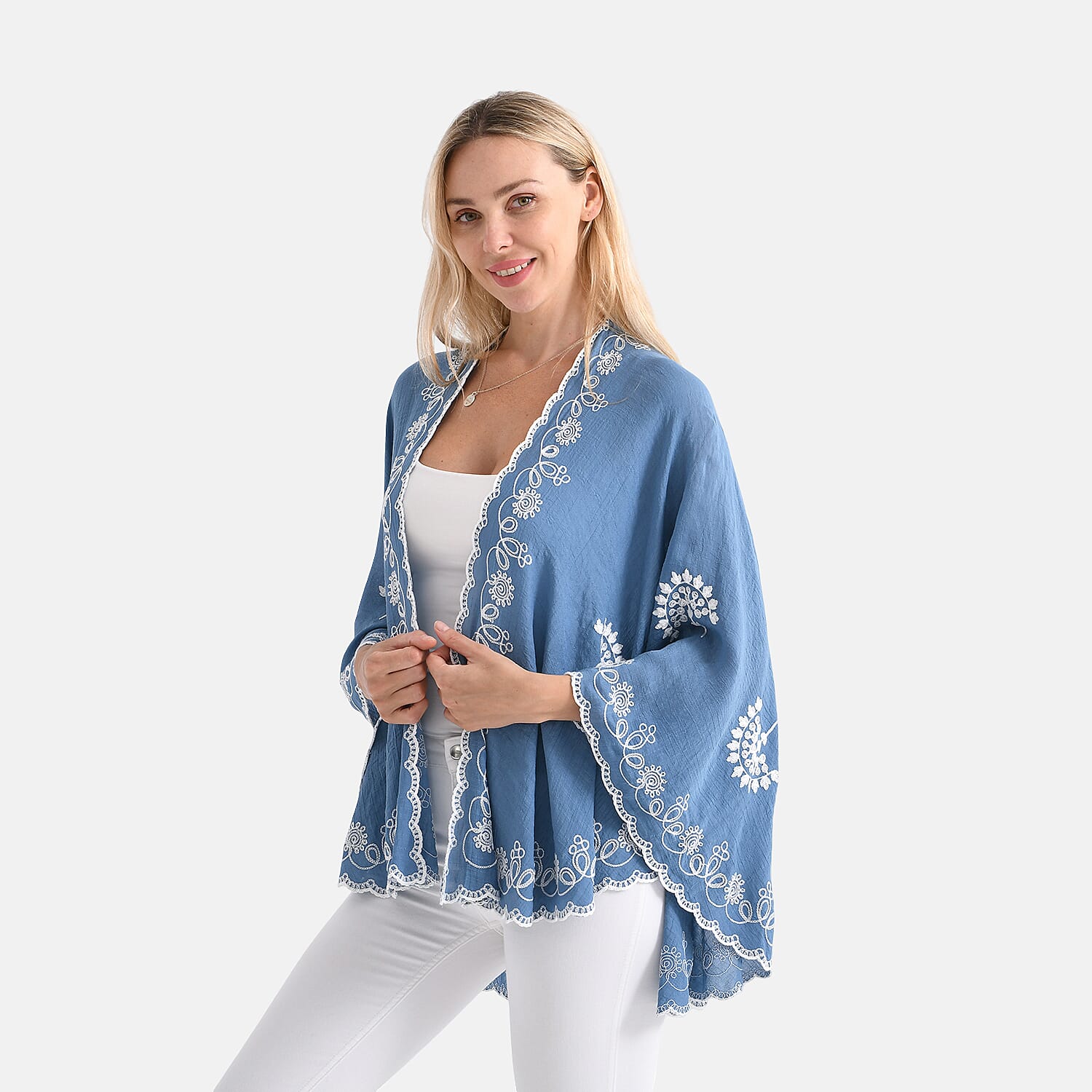 La Marey Stylish Embroidery Short Kimono (One Size) - Blue