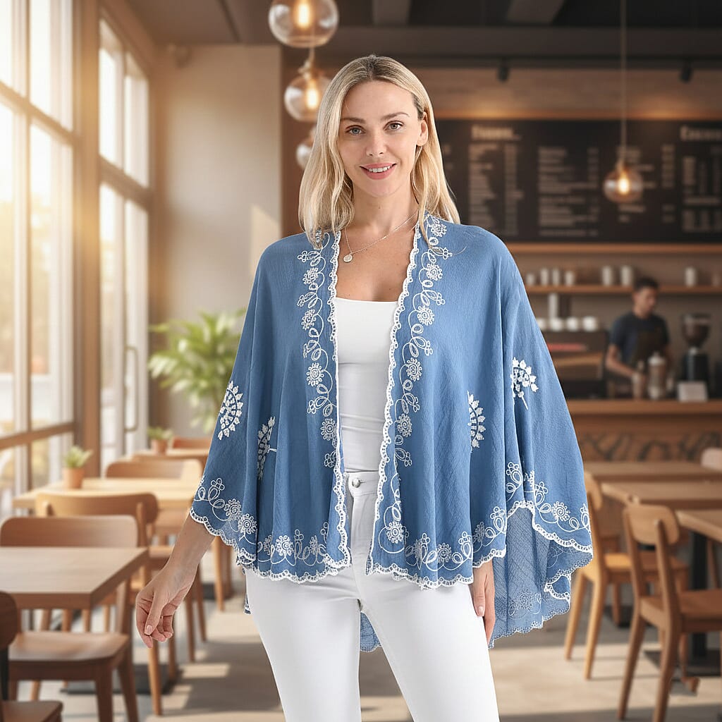 La Marey Stylish Embroidery Short Kimono (One Size) - Blue