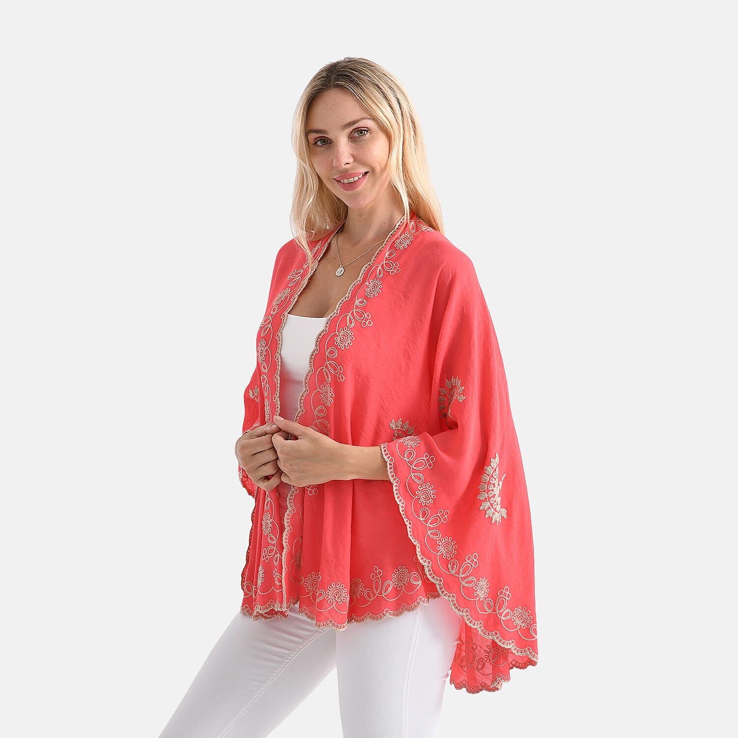 La Marey Stylish Embroidery Short Kimono (One Size) - Pink