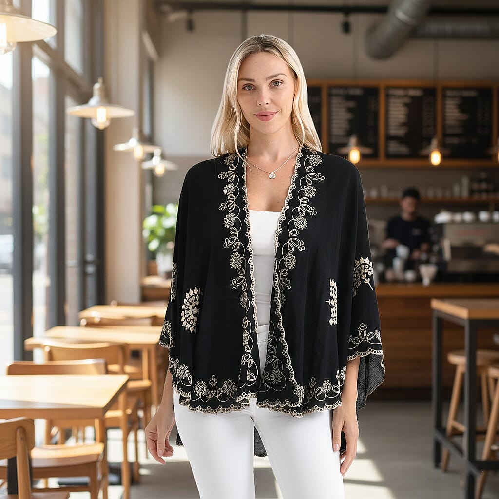 La Marey Stylish Embroidery Short Kimono (One Size) - Black