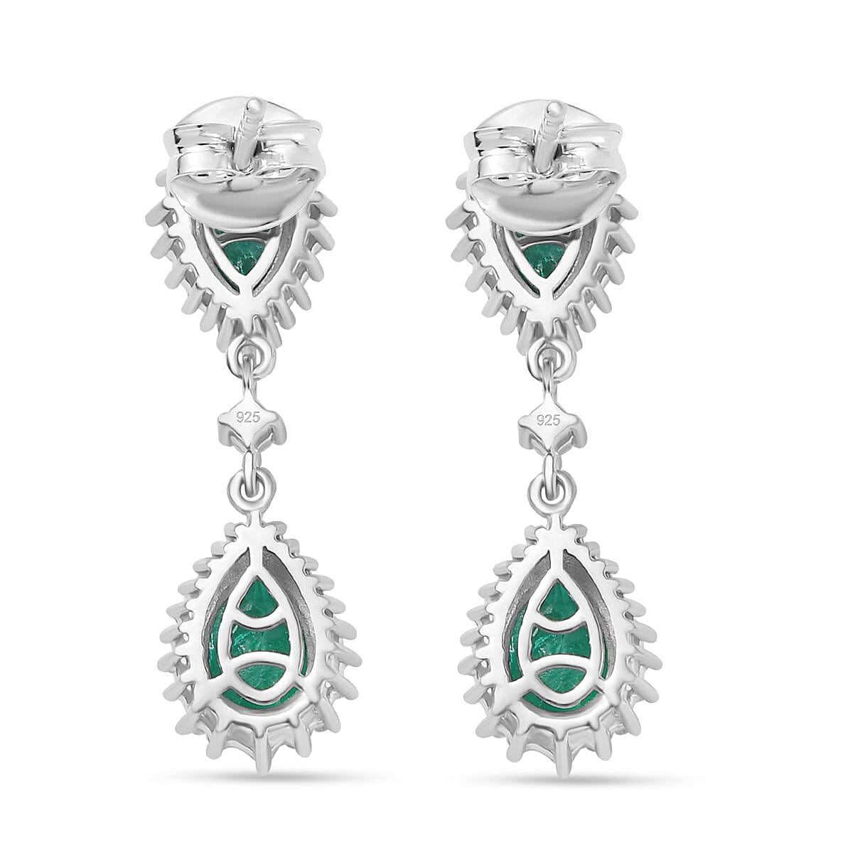 Emeraldine Triplet Quartz & White Zircon Dangling Earring with Push Back in Rhodium Overlay Sterling Silver 5.29 Ct. Emeraldine Triplet Quartz & White Zircon Dangling Earring with Push Back in Rhodium Overlay Sterling Silver 5.29 Ct.