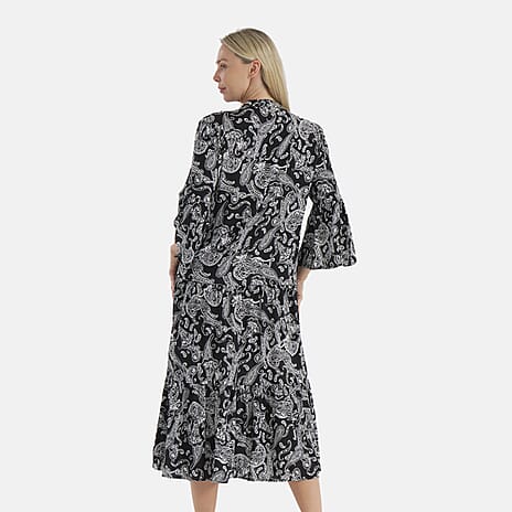 - Maisi Womens Abstract Bohemian Pattern V-Neck Midi Dress (Size - M) - Black