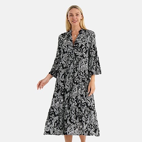 - Maisi Womens Abstract Bohemian Pattern V-Neck Midi Dress (Size - 14-16) - Black