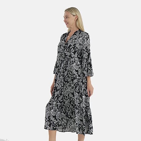 - Maisi Womens Abstract Bohemian Pattern V-Neck Midi Dress (Size - 14-16) - Black