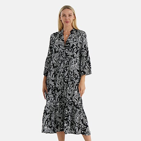 - Maisi Womens Abstract Bohemian Pattern V-Neck Midi Dress (Size - 14-16) - Black