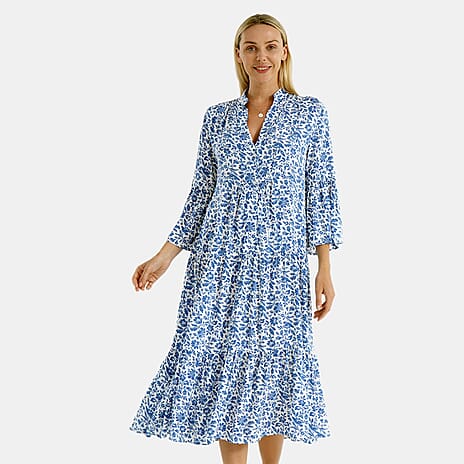 - Maisi Womens Abstract Bohemian Pattern V-Neck Midi Dress (Size 14-16) - Blue