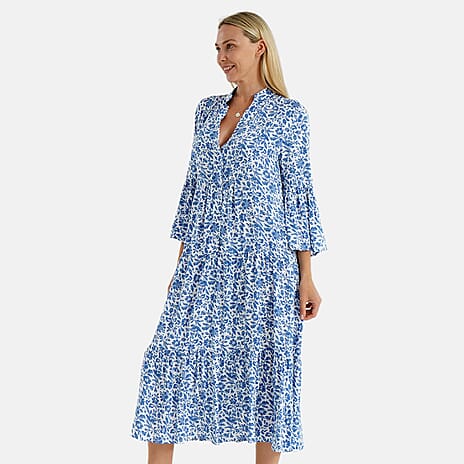 - Maisi Womens Abstract Bohemian Pattern V-Neck Midi Dress (Size 14-16) - Blue