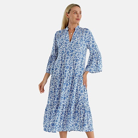 - Maisi Womens Abstract Bohemian Pattern V-Neck Midi Dress (Size 14-16) - Blue