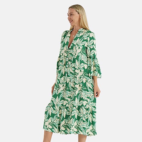 - Maisi Womens Abstract Bohemian Pattern V-Neck Midi Dress (Size - XL) - Green