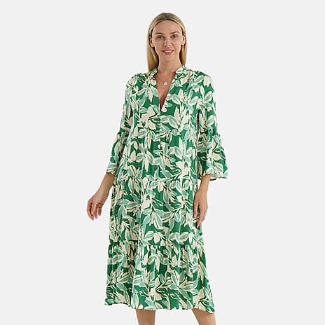 - Maisi Womens Abstract Bohemian Pattern V-Neck Midi Dress (Size - XL) - Green