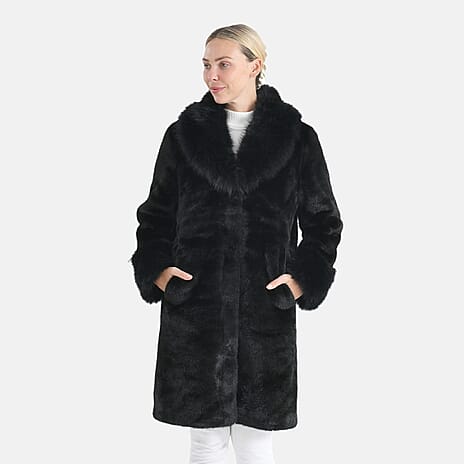 THE OPULENT LUXURY -Valissiere Exquisite Faux Fur Longline Coat (Size - S-M 8 to 14) - Black