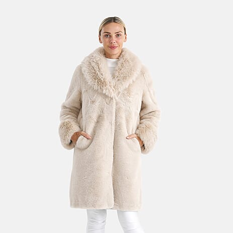 THE OPULENT LUXURY - Valissiere Exquisite Faux Fur Longline Coat (Size - L-XL 16 to 22) - Beige