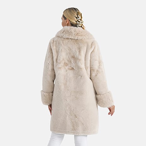 THE OPULENT LUXURY - Valissiere Exquisite Faux Fur Longline Coat (Size - L-XL 16 to 22) - Beige