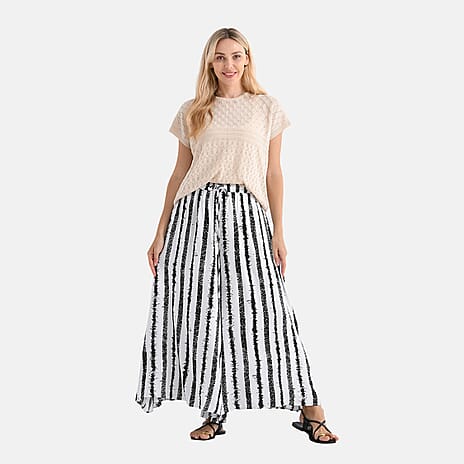 Tamsy Womens Viscose Stripe Elastic Waist Palazzo Pants (One Size, 8-18) - Black & Beige