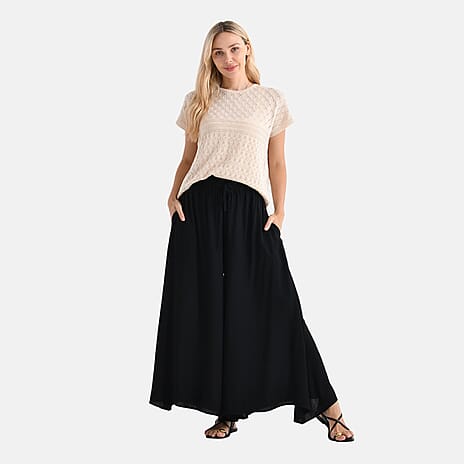 Tamsy Womens Viscose Relaxed Fit Elastic Waist Wide Leg Palazzo(One Size) - Black