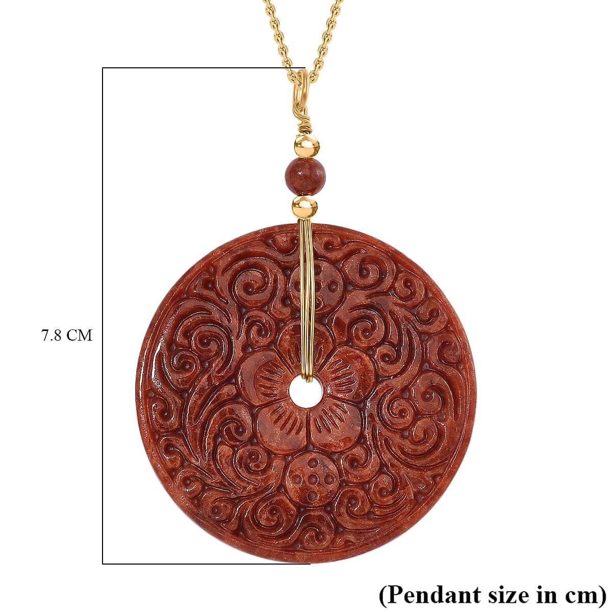 Enhanced Red Jade Disc Necklace (Size - 20) in Yellow Gold Plated Sterling Silver 135.00 Ct. Enhanced Red Jade Disc Necklace (Size - 20) in Yellow Gold Plated Sterling Silver 135.00 Ct.