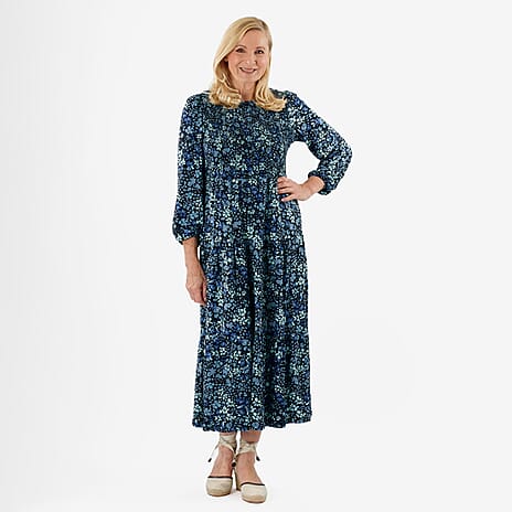 La Marey Soft Touch Knitted Shirred Dress (Size M) - Blue Floral