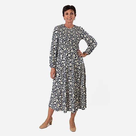 - Maisi Soft Touch Knitted Flower Print Shirred Dress (Size - XL) - Navy