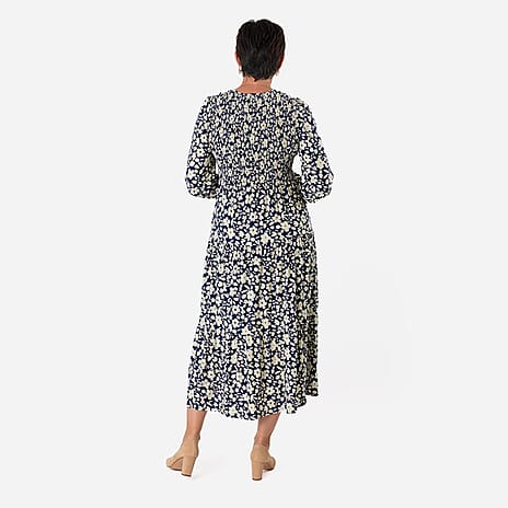 - Maisi Soft Touch Knitted Flower Print Shirred Dress (Size - XL) - Navy