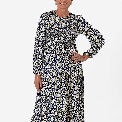 - Maisi Soft Touch Knitted Flower Print Shirred Dress (Size - XL) - Navy
