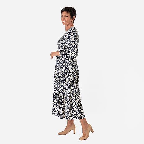 - Maisi Soft Touch Knitted Flower Print Shirred Dress (Size - XXL) - Navy