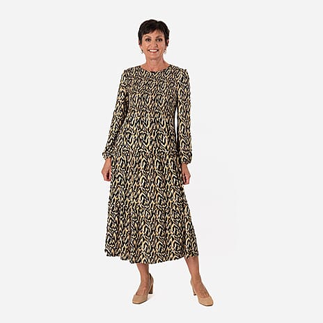 - Maisi Soft Touch Knitted Abstract Print Shirred Knitted Dress (Size XXL) - Yellow