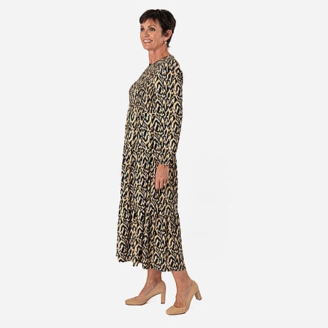 - Maisi Soft Touch Knitted Abstract Print Shirred Knitted Dress (Size XXL) - Yellow