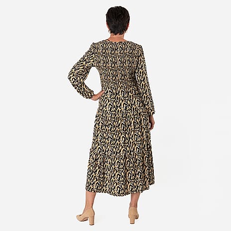 - Maisi Soft Touch Knitted Abstract Print Shirred Knitted Dress (Size XXL) - Yellow