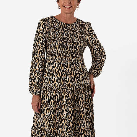 - Maisi Soft Touch Knitted Abstract Print Shirred Knitted Dress (Size XXL) - Yellow