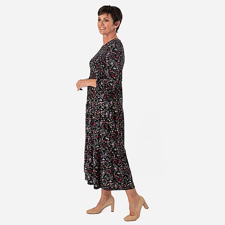 - Maisi Soft Touch Knitted Floral Print Shirred Knitted Dress (Size - XL) - Black