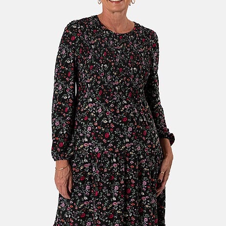 - Maisi Soft Touch Knitted Floral Print Shirred Knitted Dress (Size - XL) - Black