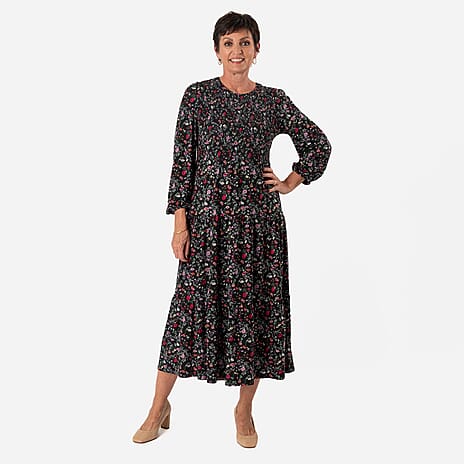 - Maisi Soft Touch Knitted Floral Print Shirred Knitted Dress (Size - XXL) - Black