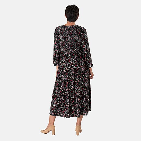 - Maisi Soft Touch Knitted Floral Print Shirred Knitted Dress (Size - XXL) - Black