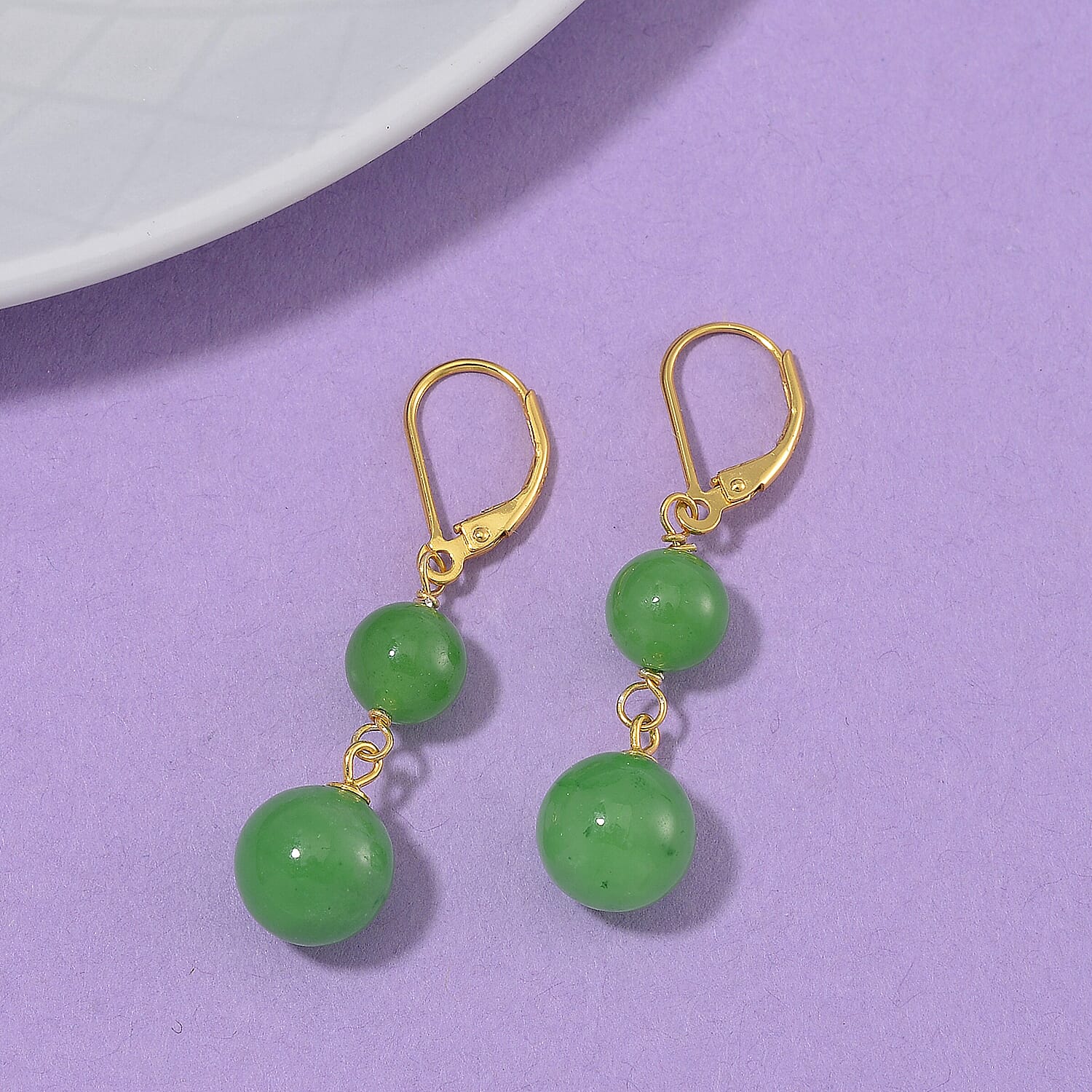 Enhanced Green Jade Earring with Lever Back in Yellow Gold Plated Sterling Silver 23.00 Ct.